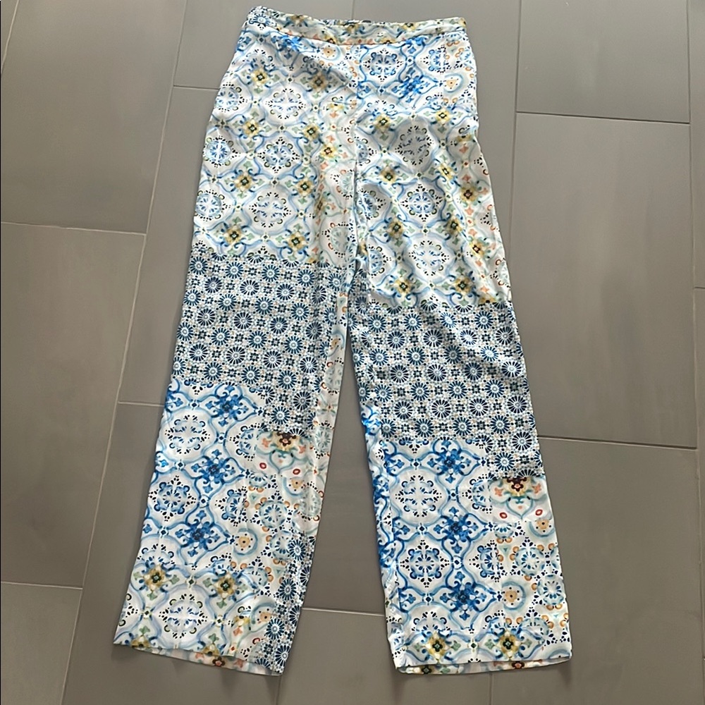 Zara Blue and White Tile-Print Wide Leg Pants